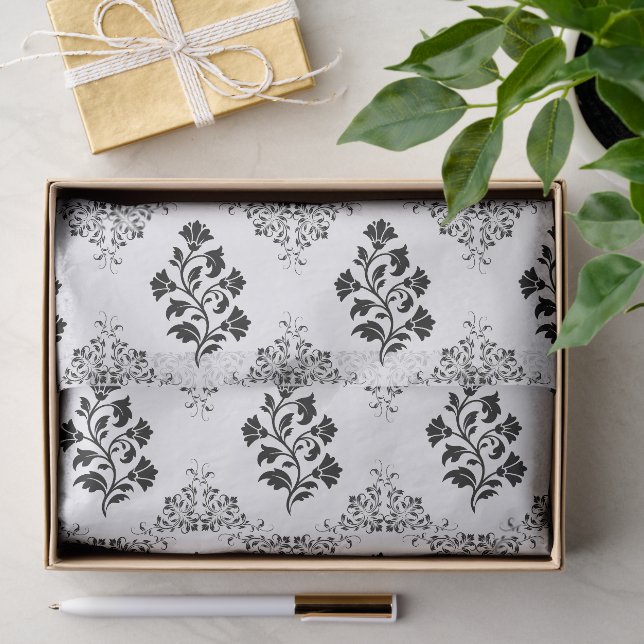 Black Floral Tile Pattern Botanical Sophisticated  Tissue Paper (Gift)