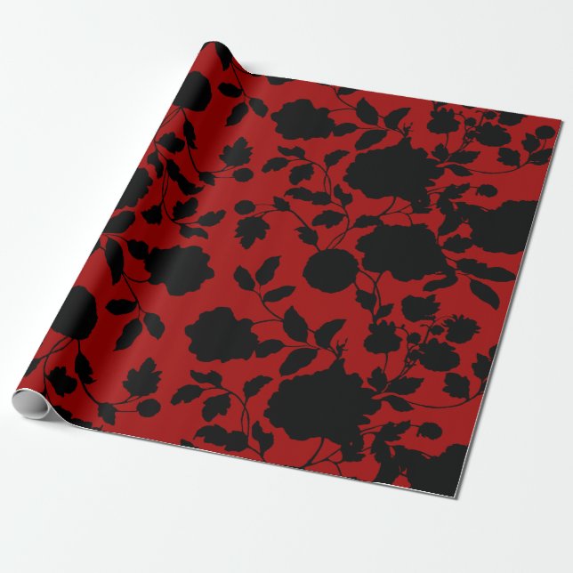 Black Floral Toile On Red Wrapping Paper (Unrolled)