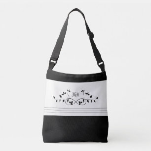 Black Floral Vine Leaf Stripe Monogram Stylish Crossbody Bag