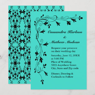 Black Floral Vines Turquoise or Colour Choice Wed Invitation