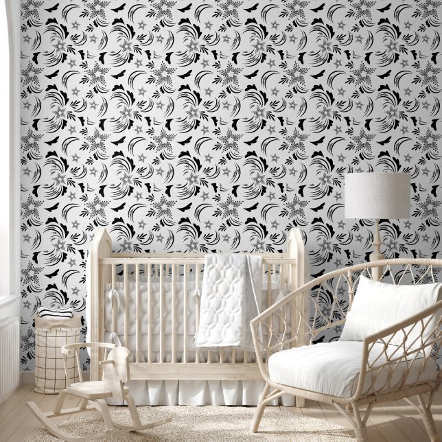 Black Floral Wallpaper with White Background (Kids)