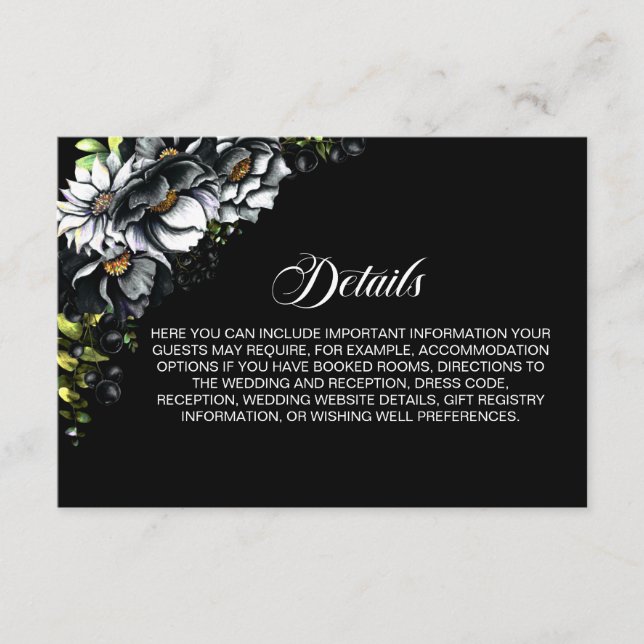 Black Floral Wedding Details Enclosure Card (Front)