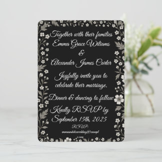 Black Floral Wedding Invitation with Elegant White