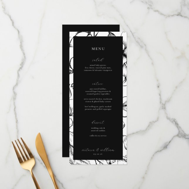 Black Floral Wedding Menu and Thank You (Front/Back In Situ)