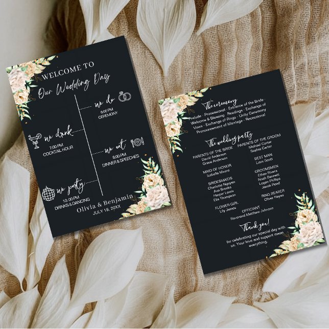 Black Floral Wedding Program & Timeline Card (Creator Uploaded)