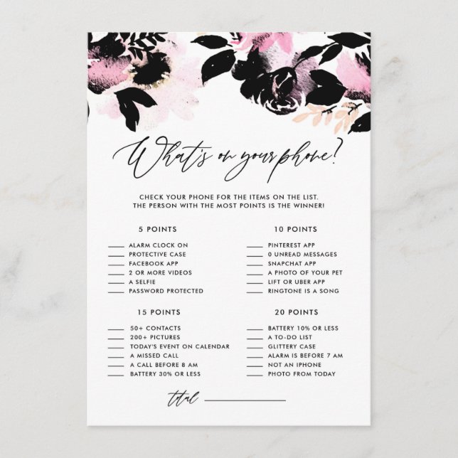 Black Floral What's on Your Phone Bridal Shower Enclosure Card (Front)