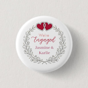 black floral wreath red heart we are engaged name 1 inch round button