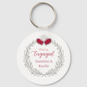 black floral wreath red heart we are engaged name  keychain