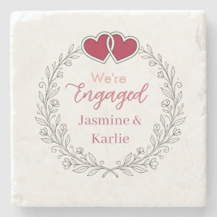 black floral wreath red heart we are engaged name  stone coaster