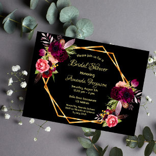 Black florals burgundy bridal shower invitation postcard