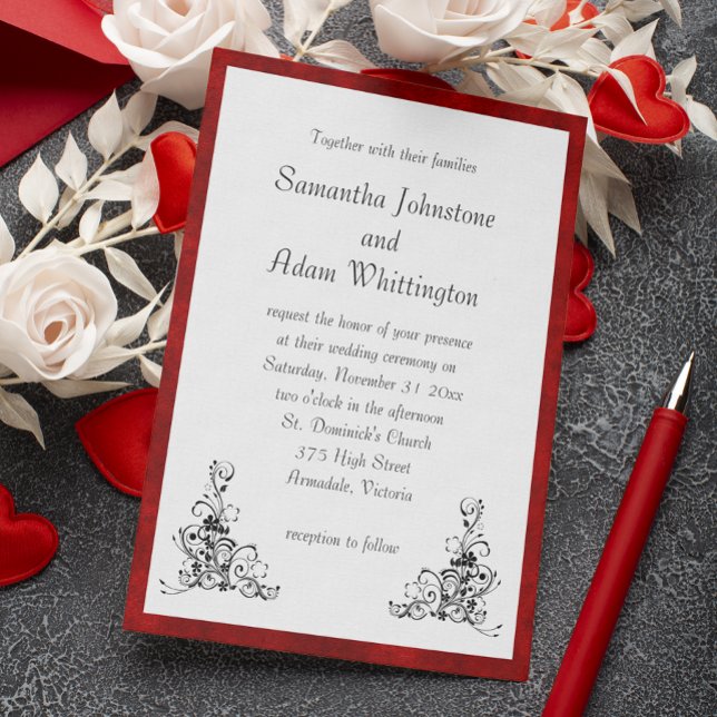 Black Flourish and Red Velvet Frame Wedding Invitation (Creator Uploaded)