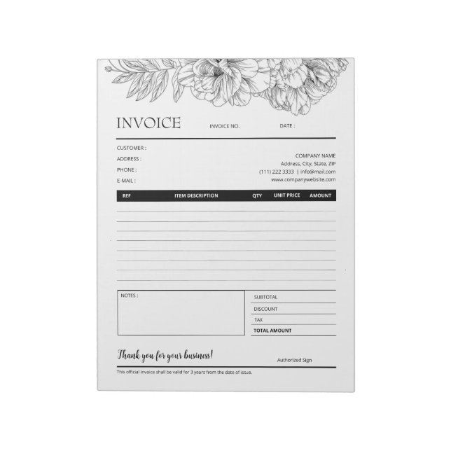 Black Flower Line Art Business Invoice Template Notepad (Rotated)