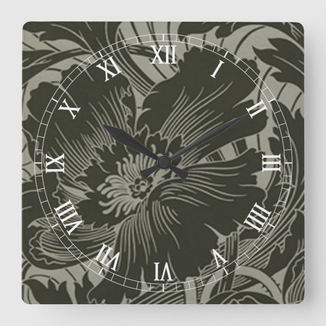 Black Flower Line Art Square Roman Numerals Clock (Front)