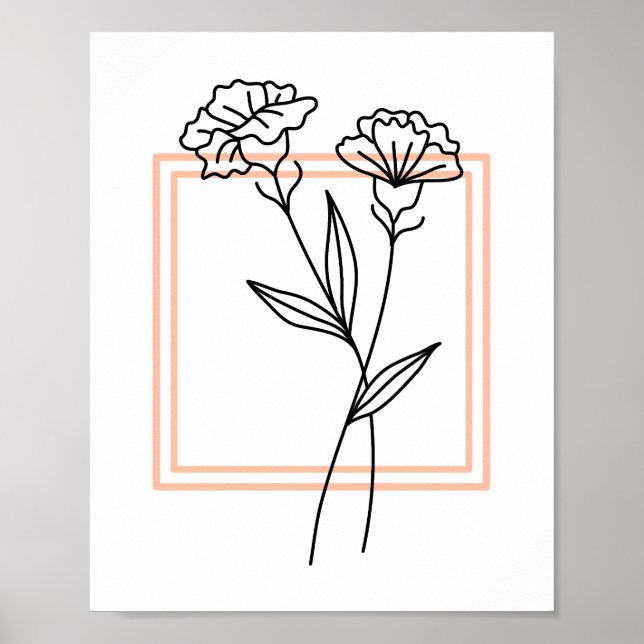 Black Flower Outline with Peach Frame Art Poster (Front)