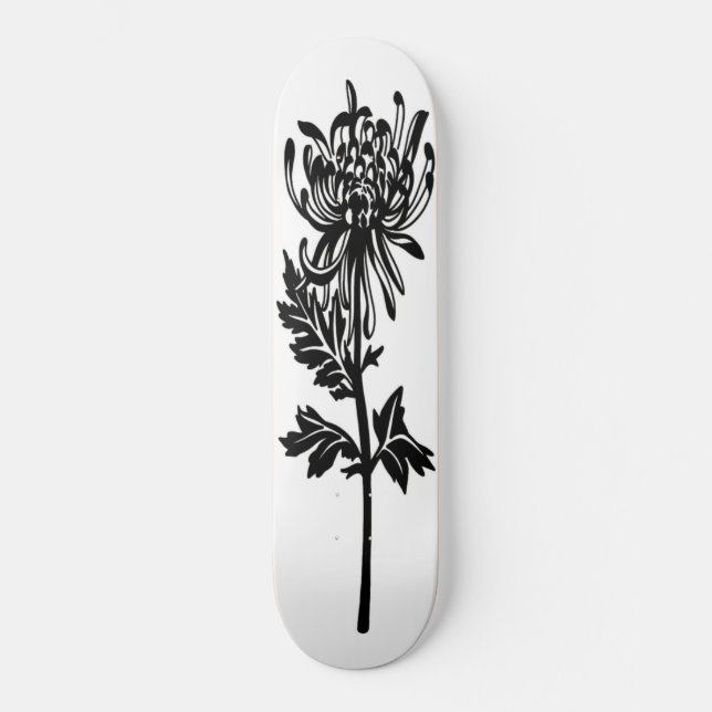 Black Flower Stencil White Background Skateboard (Front)