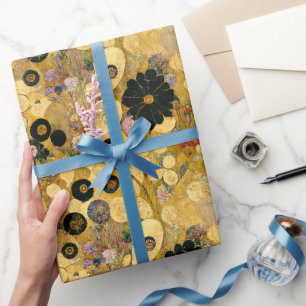 Black Flowers and Gold Abstract Klimtesque Wrapping Paper