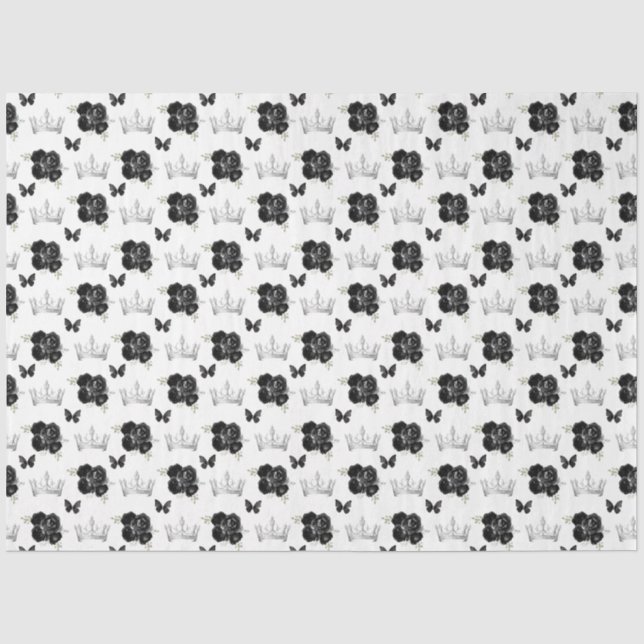 Black Flowers and Silver Crowns Tissue Paper (Front)