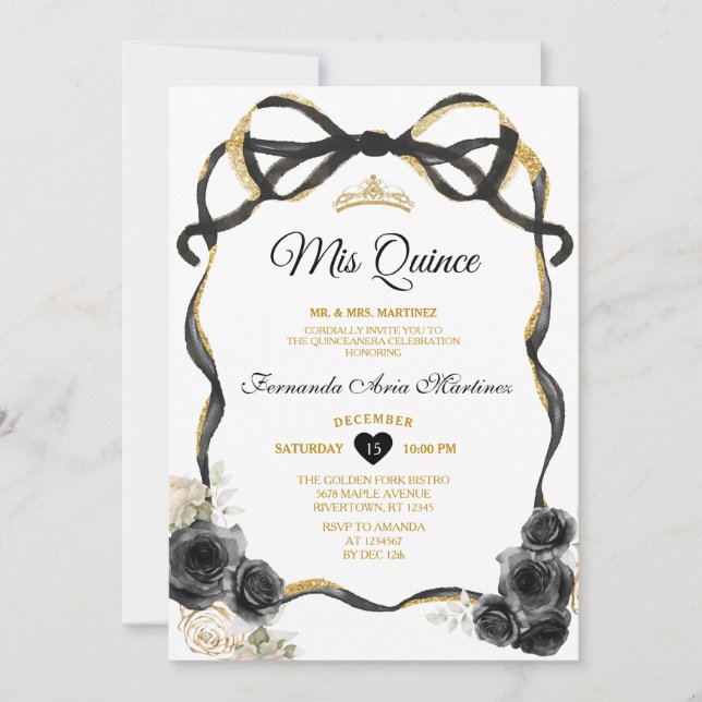 Black Flowers Bow Ribbon Gold Crown Mis Quince Invitation (Front)