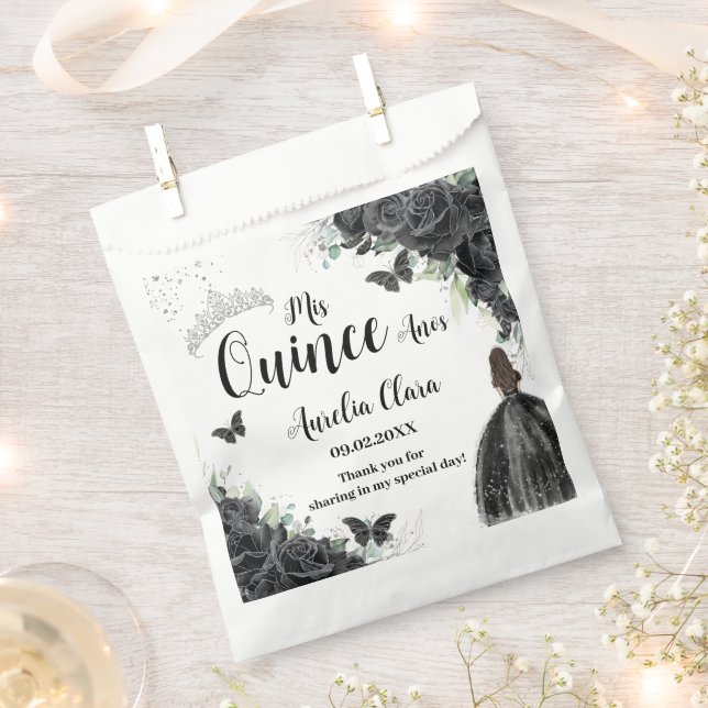 Black Flowers Butterflies Girl Dress Quinceanera Favour Bag (Clipped)
