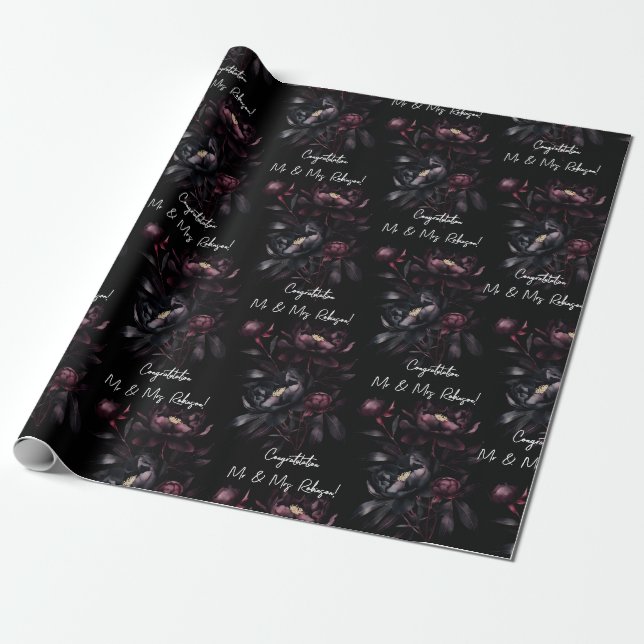 Black flowers congratulations mr and mrs wedding wrapping paper