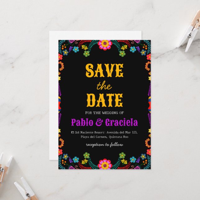 black flowers mexican save the date invitation (Front/Back In Situ)