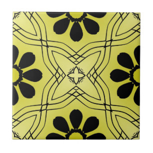 Black Flowers on Lime Green Background Pattern Tile