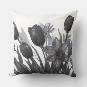 Black Flowers On White Background Sofa Bed Chair Throw Pillow