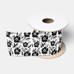 Black Flowers On White Satin Ribbon