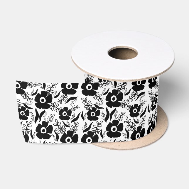 Black Flowers On White Satin Ribbon (Spool)
