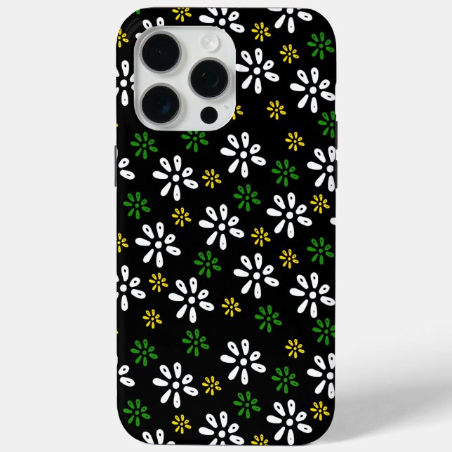 Black Flowers Pattern iPhone 15 Pro Max Case (Back)
