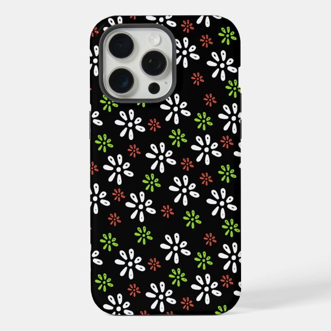 Black Flowers Pattern iPhone 15 Pro Max Case (Back)