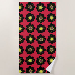 Black Flowers Red Background Scandinavian Flowers Beach Towel