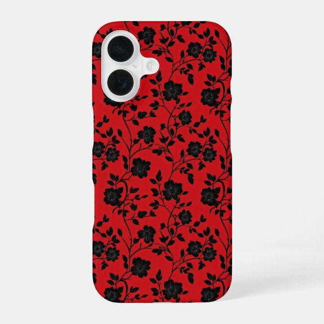 Black Flowers Red iPhone 16 Case (Back)