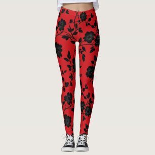 Black Flowers Red Leggings