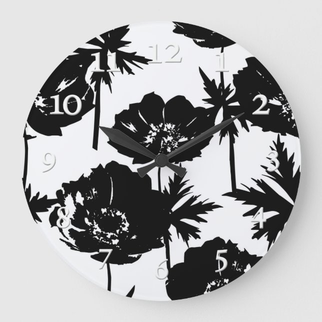 Black flowers, white, Monochrome Large Clock (Front)