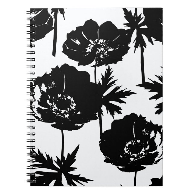 Black flowers, white, Monochrome Notebook (Front)