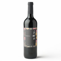 Black Flowers Wine Bottle Label for Wedding