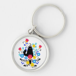 Black Fluffy Cat with Flowers Keychain