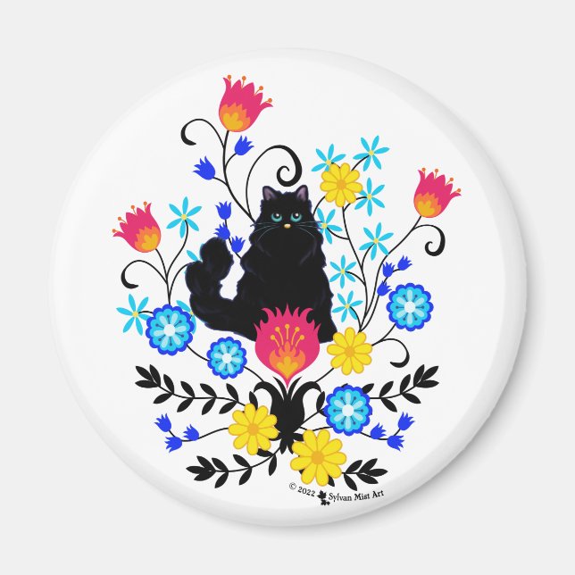 Black Fluffy Cat with Flowers Magnet (Front)