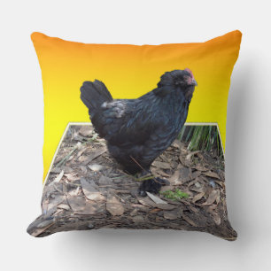 Black Fluffy Chicken On Yellow Popout Big Cushion. Throw Pillow