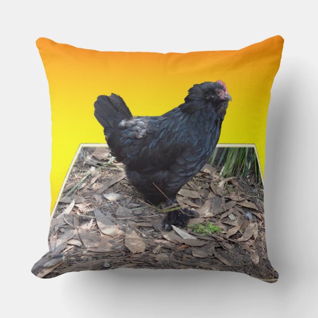 Black Fluffy Chicken On Yellow Popout Big Cushion. Throw Pillow (Front)