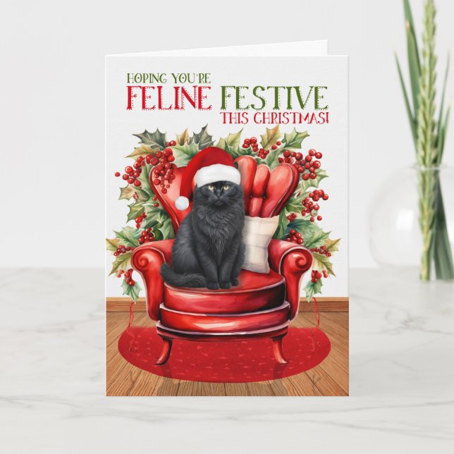 Black Fluffy Christmas Cat FELINE Festive Holiday Card (Front)