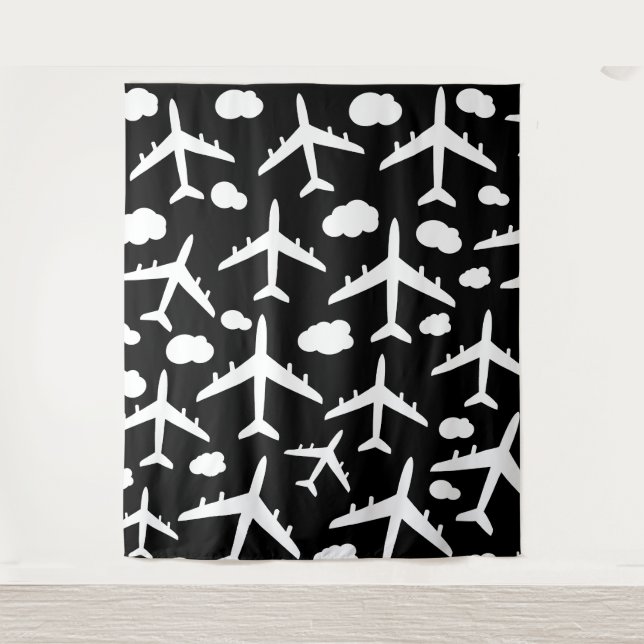 Black flying aircraft airplanes pattern design  tapestry (Front)