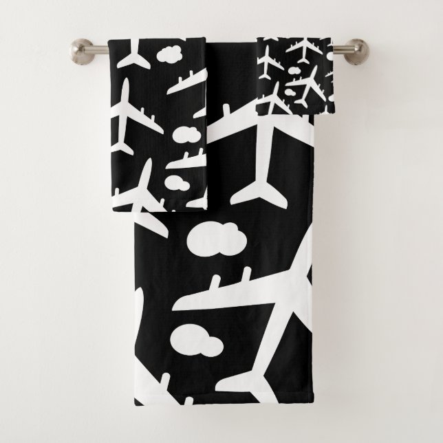 Black Flying airplanes aircraft pattern  Bath Towel Set (Insitu)