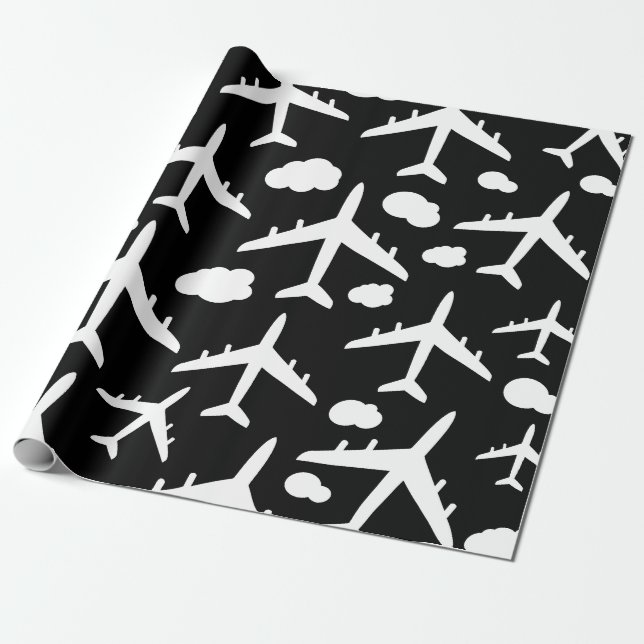 Black flying airplanes aircraft pattern design  wrapping paper (Unrolled)