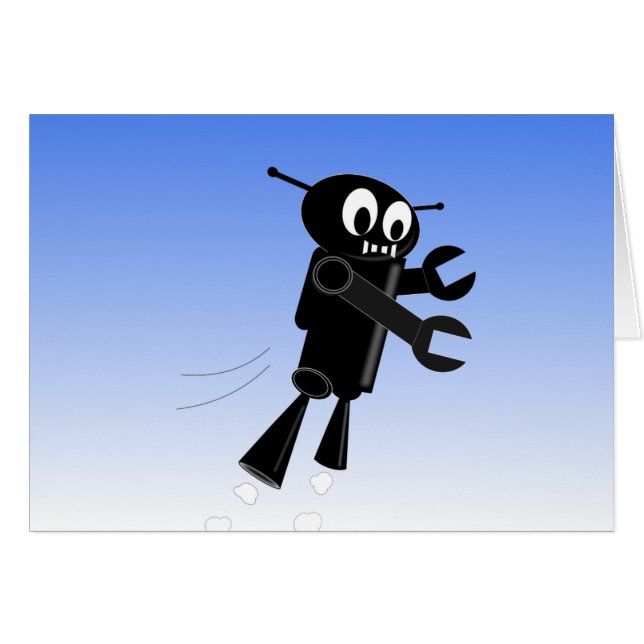 Black Flying Robot Blue Sky Background (Front Horizontal)