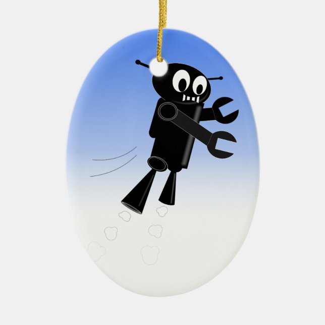 Black Flying Robot Blue Sky Background Ceramic Ornament (Front)