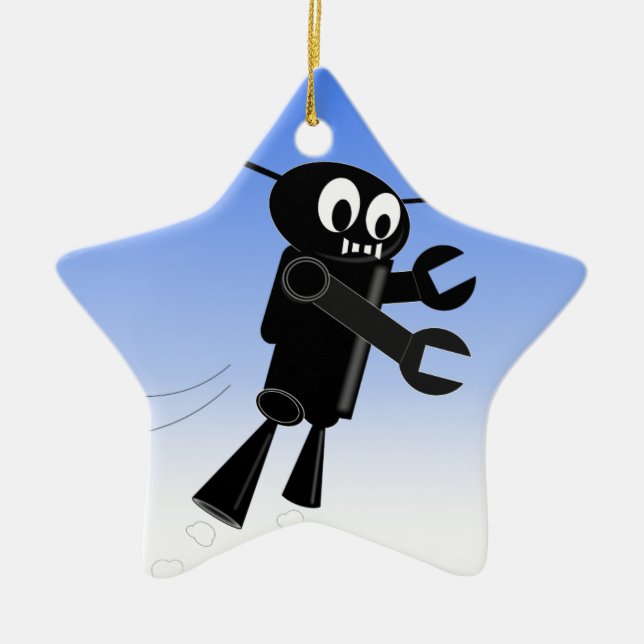 Black Flying Robot Blue Sky Background Ceramic Ornament (Front)