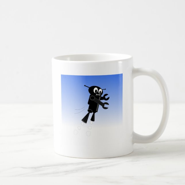 Black Flying Robot Blue Sky Background Coffee Mug (Right)