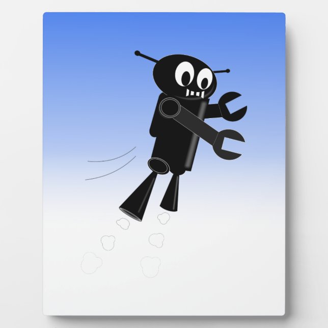 Black Flying Robot Blue Sky Background Plaque (Front)